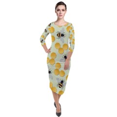 Honey Bee Bees Pattern Quarter Sleeve Midi Velour Bodycon Dress by Ndabl3x