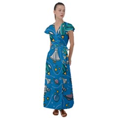 About-space-seamless-pattern Flutter Sleeve Maxi Dress by Wav3s