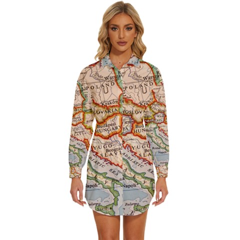 Map Europe Globe Countries States Womens Long Sleeve Shirt Dress by Ndabl3x