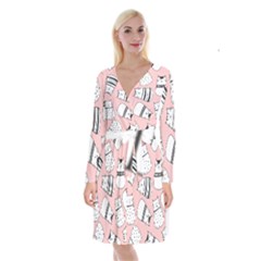 Cute Cats Cartoon Seamless-pattern Long Sleeve Velvet Front Wrap Dress by Vaneshart
