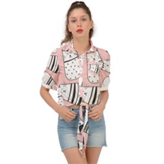 Cute Cats Cartoon Seamless-pattern Tie Front Shirt  by Vaneshart