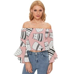 Cute Cats Cartoon Seamless-pattern Off Shoulder Flutter Bell Sleeve Top by Vaneshart