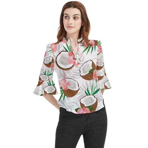 Seamless Pattern Coconut Piece Palm Leaves With Pink Hibiscus Loose Horn Sleeve Chiffon Blouse by Vaneshart