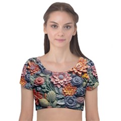 3d Flower Bloom Embossed Pattern Velvet Short Sleeve Crop Top  by Vaneshop