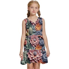 3d Flower Bloom Embossed Pattern Kids  Sleeveless Tiered Mini Dress by Vaneshop
