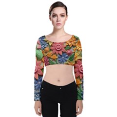 Flower Bloom Embossed Pattern Velvet Long Sleeve Crop Top by Vaneshop