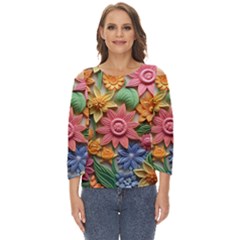 Flower Bloom Embossed Pattern Cut Out Wide Sleeve Top