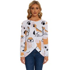 Seamless Pattern Of Cute Dog Puppy Cartoon Funny And Happy Long Sleeve Crew Neck Pullover Top by Wav3s