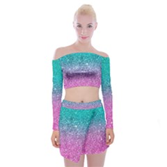 Pink And Turquoise Glitter Off Shoulder Top With Mini Skirt Set by Wav3s