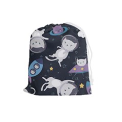 Space Cat Illustration Pattern Astronaut Drawstring Pouch (large) by Wav3s