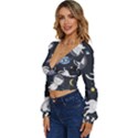 Space Cat Illustration Pattern Astronaut Long Sleeve Deep-V Velour Top View2