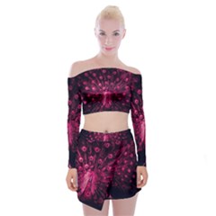 Peacock Pink Black Feather Abstract Off Shoulder Top With Mini Skirt Set by Wav3s