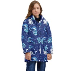 Cat Spacesuit Space Suit Astronaut Pattern Kids  Hooded Longline Puffer Jacket by Wav3s