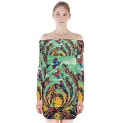 Monkey Tiger Bird Parrot Forest Jungle Style Long Sleeve Off Shoulder Dress by Grandong