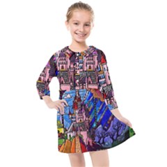 Beauty Stained Glass Castle Building Kids  Quarter Sleeve Shirt Dress by Cowasu