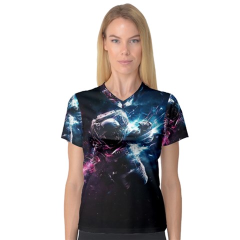 Psychedelic Astronaut Trippy Space Art V-neck Sport Mesh Tee by Bangk1t