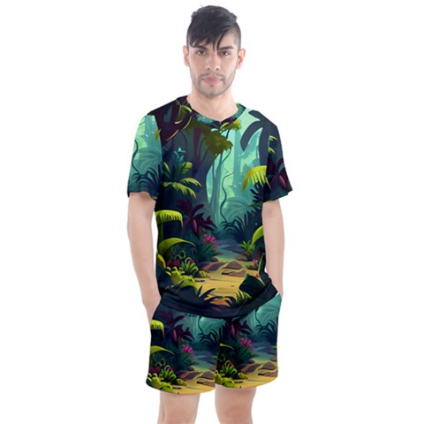 Rainforest Jungle Cartoon Animation Background Men s Mesh Tee And Shorts Set by Ndabl3x