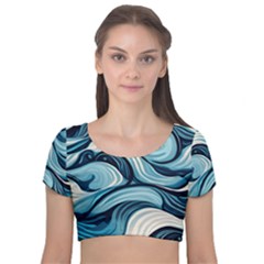 Pattern Ocean Waves Arctic Ocean Blue Nature Sea Velvet Short Sleeve Crop Top  by Ndabl3x