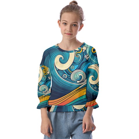 Waves Wave Ocean Sea Abstract Whimsical Abstract Art Kids  Cuff Sleeve Top by Ndabl3x