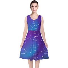 Realistic Night Sky With Constellations V-neck Midi Sleeveless Dress  by Cowasu