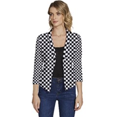 Black And White Checkerboard Background Board Checker Women s Casual 3/4 Sleeve Spring Jacket by Amaryn4rt