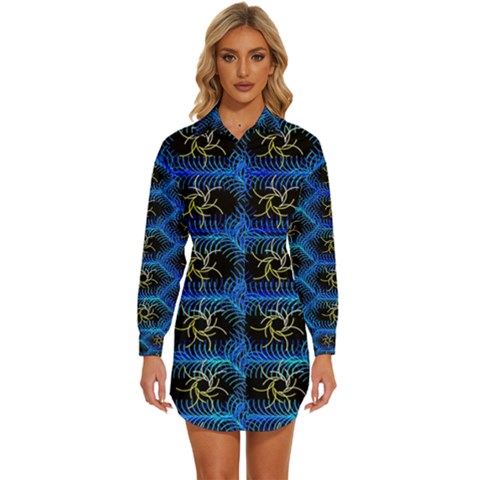 Blue Bee Hive Pattern- Womens Long Sleeve Shirt Dress by Amaryn4rt