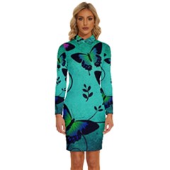 Texture Butterflies Background Long Sleeve Shirt Collar Bodycon Dress by Amaryn4rt