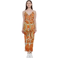 Oranges Background Texture Pattern V-neck Spaghetti Strap Tie Front Jumpsuit by Simbadda