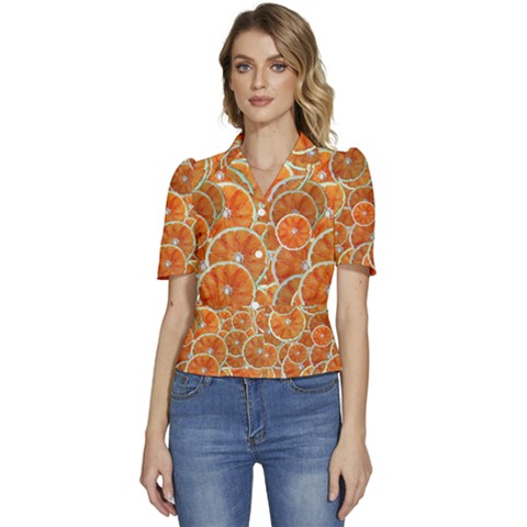 Oranges Background Texture Pattern Puffed Short Sleeve Button Up Jacket by Simbadda