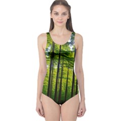 Green Forest Jungle Trees Nature Sunny One Piece Swimsuit by Ravend