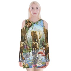 Beautiful Jungle Animals Velvet Long Sleeve Shoulder Cutout Dress by Ravend