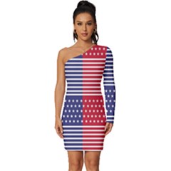 American Flag Patriot Red White Long Sleeve One Shoulder Mini Dress by Celenk