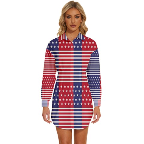 American Flag Patriot Red White Womens Long Sleeve Shirt Dress by Celenk