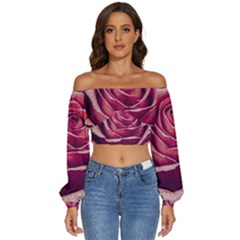 Beautiful Beauty Flower Bloom Long Sleeve Crinkled Weave Crop Top by Vaneshop