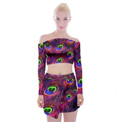 Peacock Feathers Color Plumage Off Shoulder Top With Mini Skirt Set by Celenk