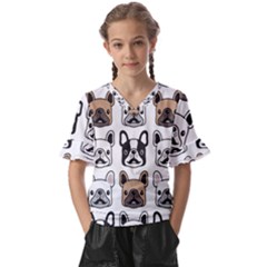 Dog-french-bulldog-seamless-pattern-face-head Kids  V-neck Horn Sleeve Blouse by uniart180623