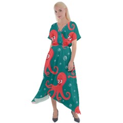 Cute-smiling-red-octopus-swimming-underwater Cross Front Sharkbite Hem Maxi Dress by uniart180623