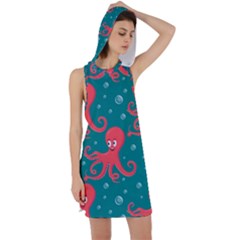 Cute-smiling-red-octopus-swimming-underwater Racer Back Hoodie Dress by uniart180623