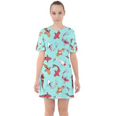 Pattern-with-koi-fishes Sixties Short Sleeve Mini Dress by uniart180623