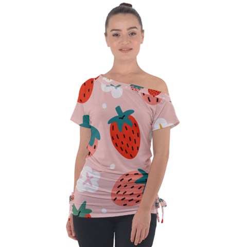 Strawberry-seamless-pattern Off Shoulder Tie-up Tee by uniart180623