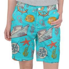 Colored-sketched-sea-elements-pattern-background-sea-life-animals-illustration Women s Pocket Shorts by uniart180623