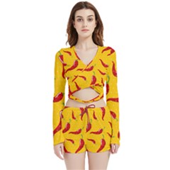 Chili-vegetable-pattern-background Velvet Wrap Crop Top And Shorts Set by uniart180623