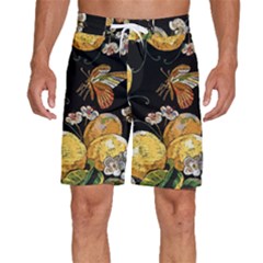 Embroidery-blossoming-lemons-butterfly-seamless-pattern Men s Beach Shorts by uniart180623