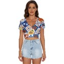 Mexican-talavera-pattern-ceramic-tiles-with-flower-leaves-bird-ornaments-traditional-majolica-style- V-Neck Crop Top View1