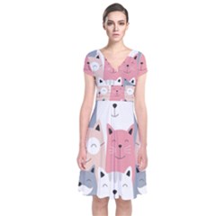 Cute Seamless Pattern With Cats Short Sleeve Front Wrap Dress by uniart180623