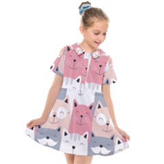 Cute Seamless Pattern With Cats Kids  Short Sleeve Shirt Dress by uniart180623