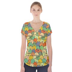 Seamless Pattern With Doodle Bunny Short Sleeve Front Detail Top by uniart180623