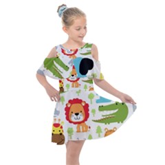 Seamless-pattern-vector-with-animals-cartoon Kids  Shoulder Cutout Chiffon Dress by uniart180623