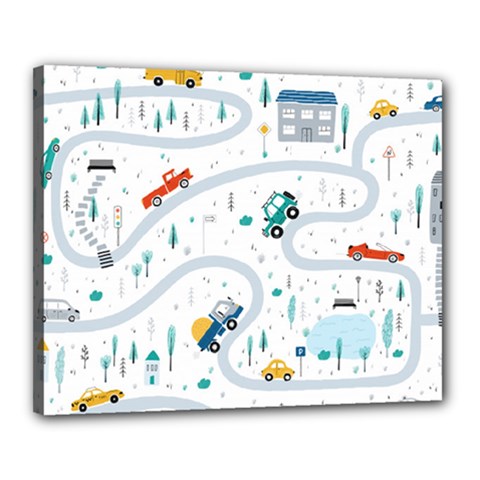 Cute-children-s-seamless-pattern-with-cars-road-park-houses-white-background-illustration-town Canvas 20  X 16  (stretched) by uniart180623