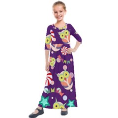 Owl-pattern-background Kids  Quarter Sleeve Maxi Dress by uniart180623